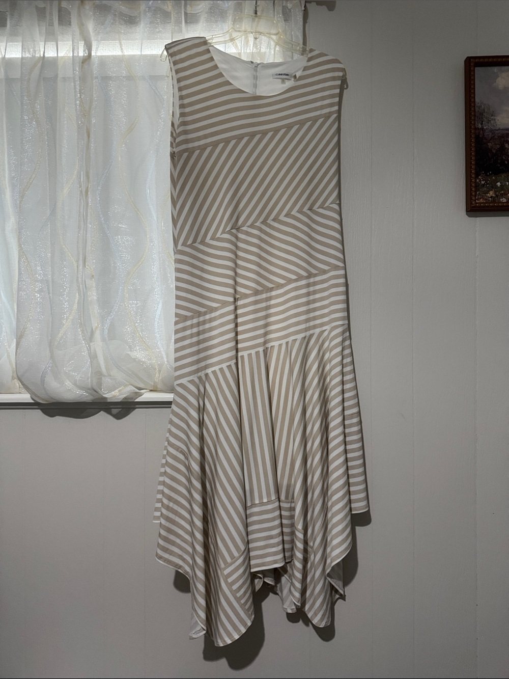 Calvin Klein Beige and White Striped Sleeveless Maxi Dress